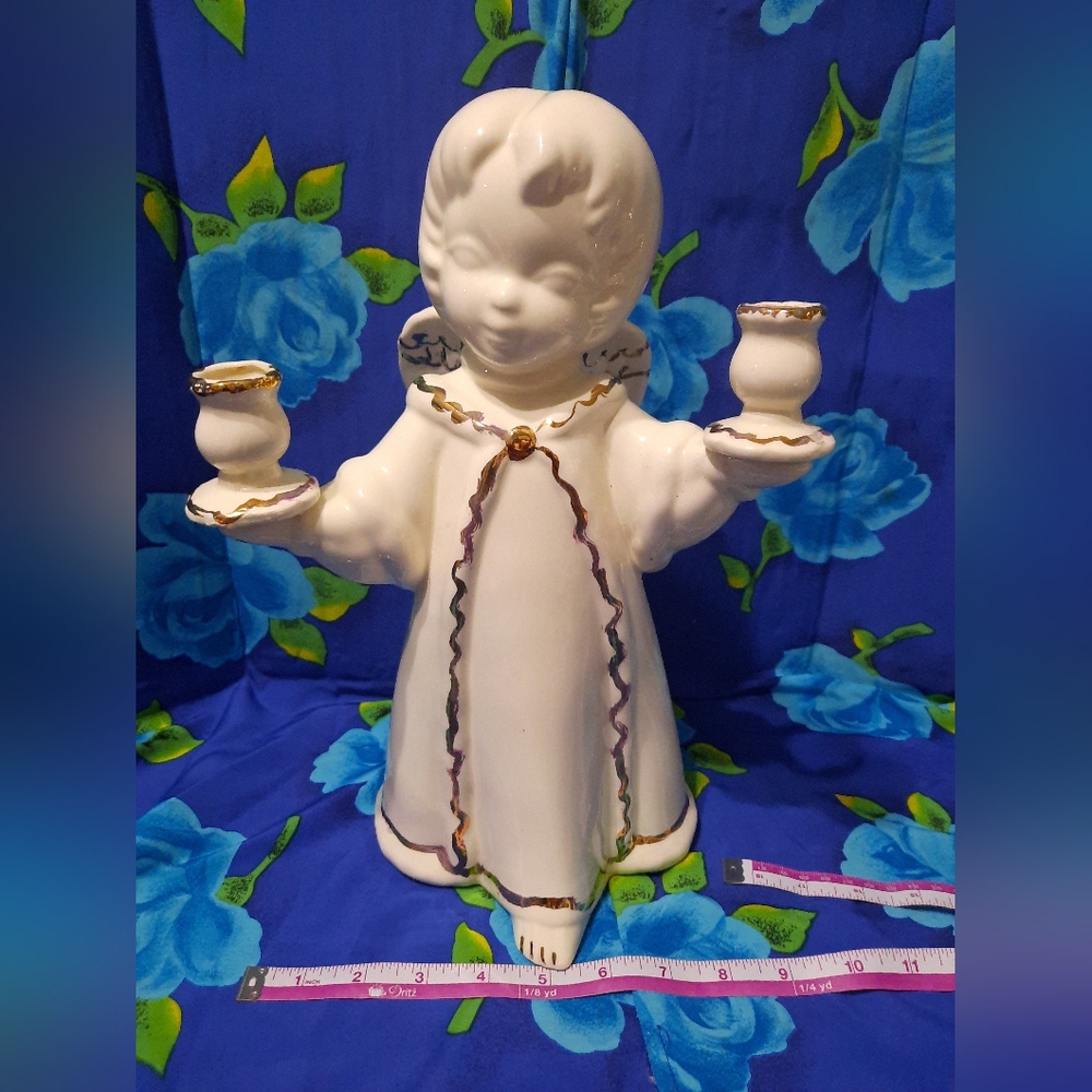 Vintage 60s Christmas Child Angel White Gold Candle Holder Ceramic Mold Holiday